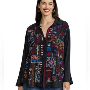Johnny Was Campos heavily embroidered silk shirt NWT